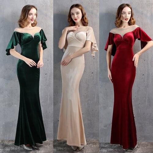 Vintage Velour Evening Dresses Femal Short Lotus Sleeve Mermaid Party Robes Sweet-Neck Sexy Cut-out Robe De Soriee Occasion Gown