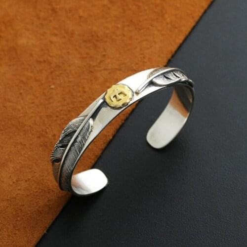 S925 Sterling Silver Jewelry Retro Thai Silver Men And Women Japan And South Korea Golden Eagle Open Ended Double Feather Bangle