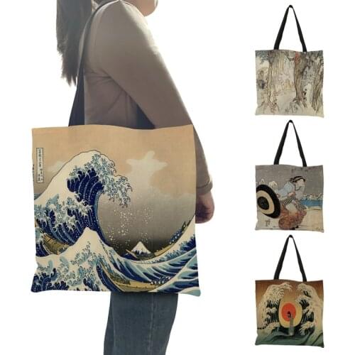 Women Ladies Tote Handbag Japanese Ukiyoe Wave Mount Fuji Graphic Shopping Bag Shoulder Bags Teenagers School Bookbag Beach Bag