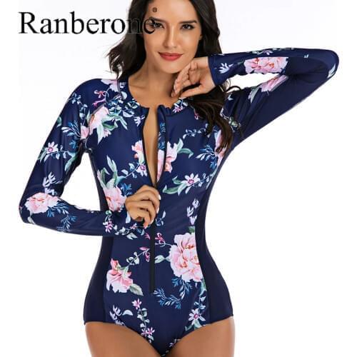 Ranberone Swimsuit Women One Piece New Sexy Long Sleeve Swimwear Print Bathing Suit Beach Wear Splicing Swimming Suits 2020