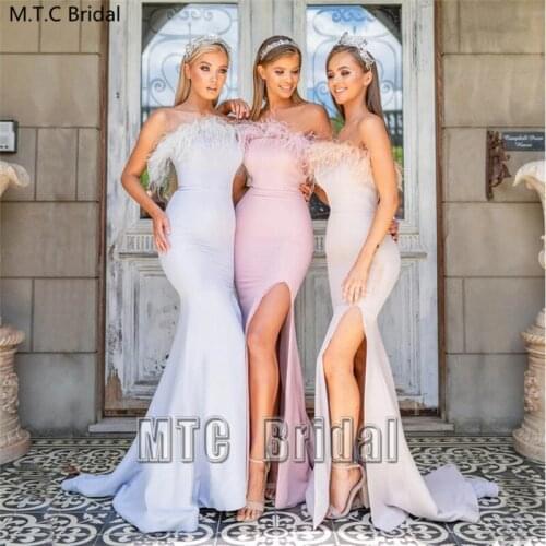 Elegant Baby Blue Mermaid Evening Dress With Feather Strapless Side Slit Long Formal Occasion Dresses For Women Prom Party Gown