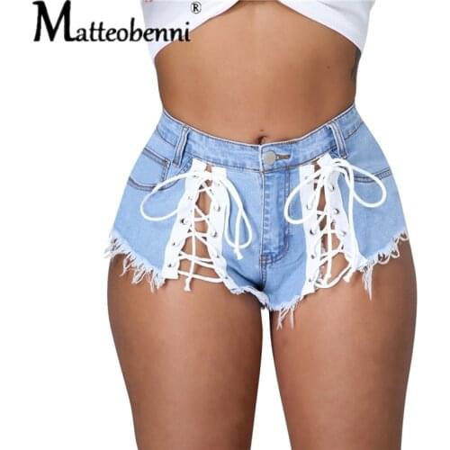 2021 Summer Fashion Sexy Women Lace Up Bandage Hotpants Micro Tassel Denim Shorts Party Club Streetwear Hollow Out Ladies Pants