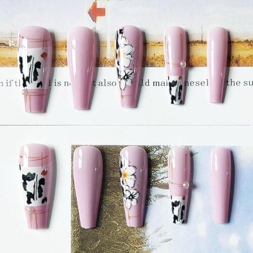 24pcs Flower Printed Pink Nail Patch Glue Type Removable Long Paragraph Fashion Manicure Save Time False Nail Patch Stickers