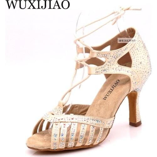 WUXIJIAO New Beige and Black satin Salsa Dance Shoes Soft Bottom Latin Kizomba Tango Ballroom Dance Shoes Heel 6/7.5/8.5/10cm