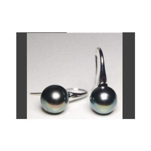 Free shipping>>>>noble jewelry charming pair of 10-11mm round Tahitian black pearl dangle pearl earring 14k