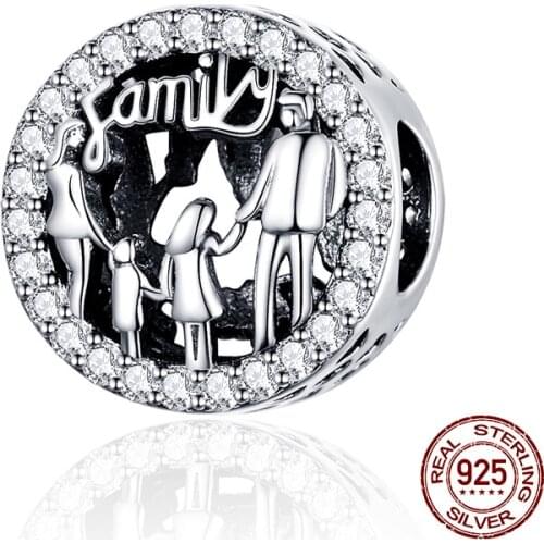 100% 925 sterling silver vintage round happy family charm fit bangle bracelet original zircon beads for women fashion jewelry