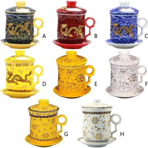 S et of Chinese Pattern Tea-Mug with Strainer Infuser and Lid and Saucer Ceramic Tea Mug Convenient System Chinese Porcelain Tea