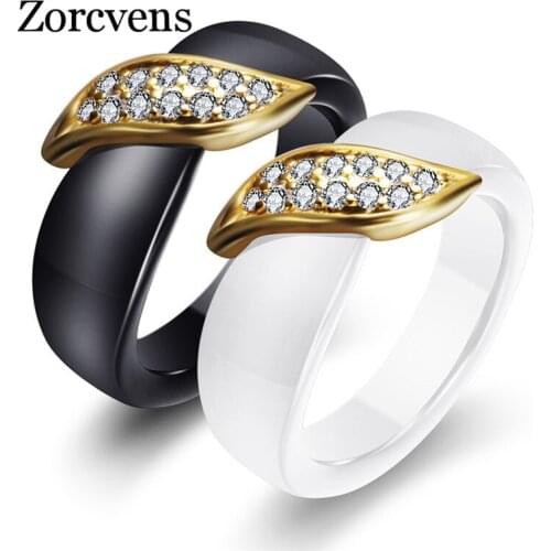 ZORCVENS Black/White Women Ring With AAA Crystal Gold Color Leaf Ceramic Rings For Women Wedding Ring Gift