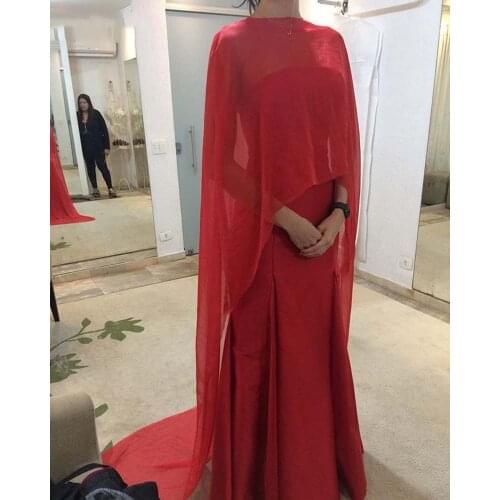 Long Satin Mother Of The Bride Dress With Red Chiffon Cape Elegant Women Party Dress Formal Robe De Soiree Rouge