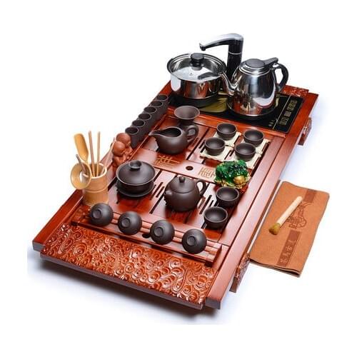 Zisha Kung Fu porcelain tea set tea tray solid wood package ceramic cup induction cooker combination four in one