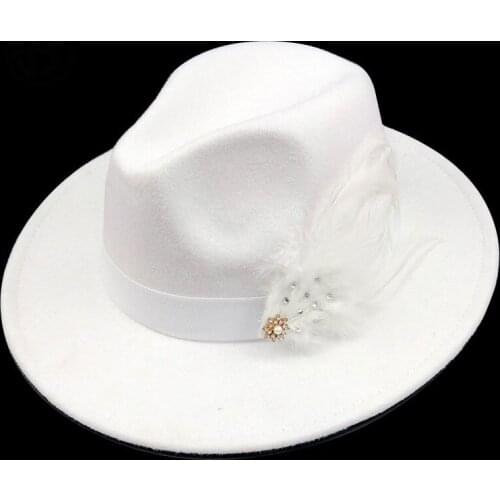 FS 2020 New White Red Patchwork Wool Felt Fedora Hat For Men Women Flat Brim Jazz Hats Panama Trilby Church Lady Cap