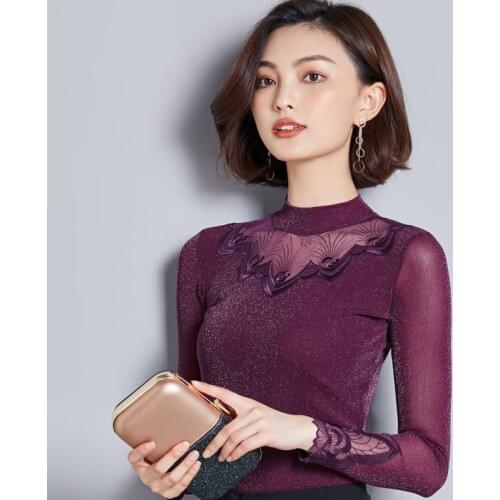Large Size Women T Shirt 2019 New Spring Lace Turtleneck T-shirt Mesh Slim Long-Sleeve T-shirt Casual Female Top Lady Bottoming