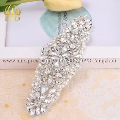 FZD 10 Pieces Crystal Bridal Beaded Sash Belt Rhinestone Pearl Applique Patch for Dress Sash DIY Iron On Headband