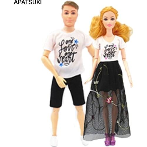 2sets/lot Couple Lover Casual Wear for Barbie Doll Outfits White Shirts Black Skirt Shorts Clothes for Ken Boy Doll Accessories