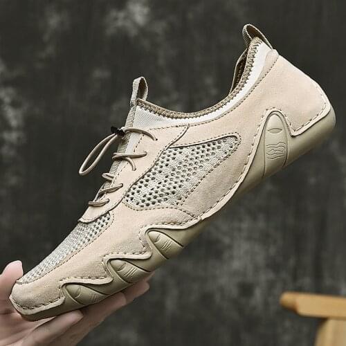 Summer Handmade Mesh Sneakers Casual Soft Breathable Men Shoes Outdoor Leather Shoes Comfortable Mens Sandals