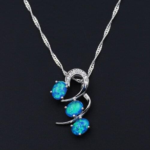 Mystic Three Stone Ocean Blue Fire Opal Pendant Necklace