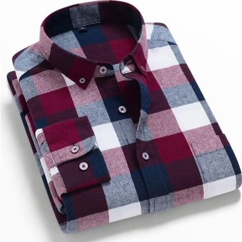 Mens Fashion Shirt 100% Cotton Brushed Flannel Striped Shirts Single Pocket Long Sleeve Youthful Soft Casual Plaid Checkered