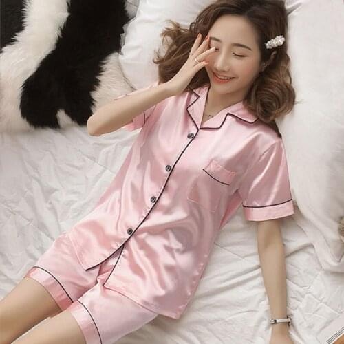 Pajamas Womens Summer Short Sleeve Silk Like Sexy Nightwear Thin Large Size Home Wear Two Piece Ice Silk Suit Sleepwear