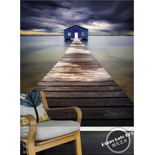Custom 3D large mural,beautiful fantasy dark clouds of wood path leading to the blue house,living room TV wall bedroom wallpaper