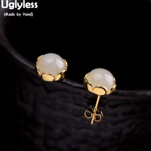 Uglyless Natural Jade Flower Stud Earrings for Women 8MM Gemstone MINI Studs Real 925 Sterling Silver Brincos Fine Jewelry E1477
