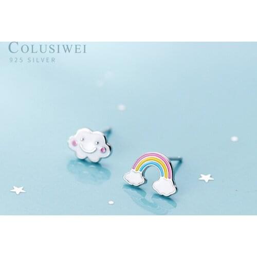 COLUSIWEI Enamel Authentic 925 Sterling Silver Colorful Rainbow and Cloud Stud Earrings for Women Asymmetry Ear Studs Jewelry
