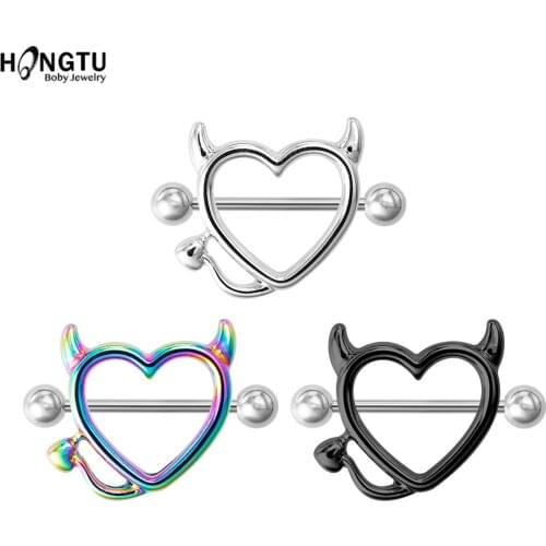 2PCS Devil Heart Nipple Piercing Bar Nipple Ring Shield Cover Barbell for Women 14G Surgical Steel Breast Body Piercing Jewelry