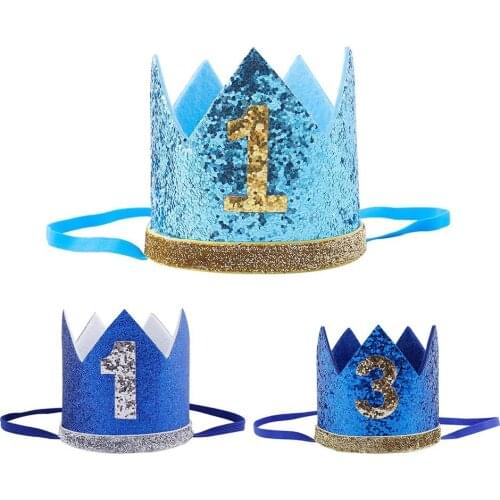 Blue Glitter Baby Birthday Crown Boy Girl 1st Birthday Party Crown Hat Headband Decoration