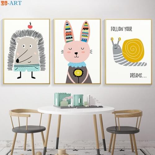 Snail Hedgehog Print Cute Animals Canvas Painting Cartoon Poster Yellow Nursery Wall Art Children Bedroom Decoration Pictures