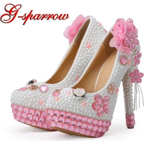 Gorgeous Design Pink Crystal White Pearl Wedding Bride Shoes Banquet Party Formal Dress Shoes Girl Birthday Party Pumps Big Size