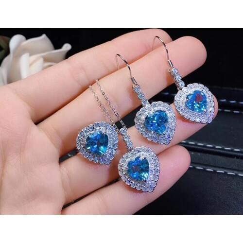 Natural blue topaz stone jewelry sets natural gemstone ring earrings necklace S925 silver romantic heart Peach Women jewelry