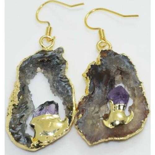 1pc Grey Natural slab druzy stone dangle earrings for gift raw geode druzy crystal quartz slice drop earrings for women gift