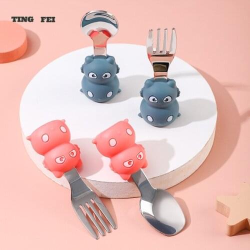 2Pcs/lot Baby Short Spoon Fork Set with Box Infant Boy Girls Learn Eating Tableware Utensil Stainless Steel Toddler Dinnerware