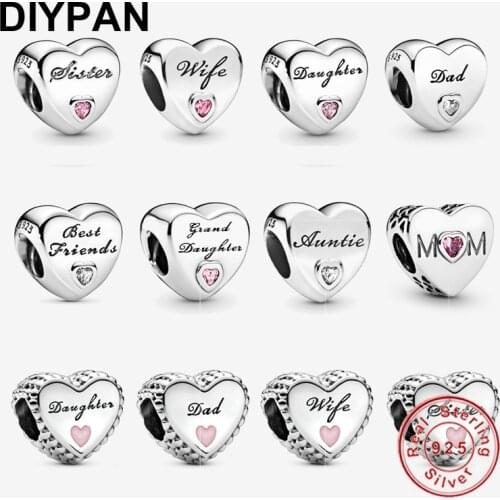 925 Sterling Silver Heart Charm Fit Original Pandora Charm Bracelet 925 Silver Sister Daughter Wife Dad Bead Jewelry Berloque
