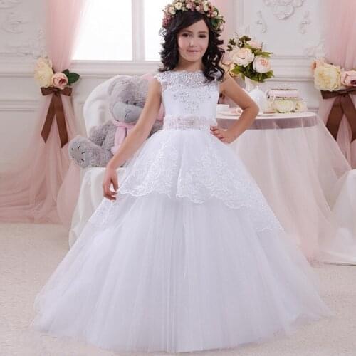 White Flower Girl Dresses With Bow Beaded Applique Girls Wedding Dress Girl Princess Dress Girl Party Dress Birthday 2-13 years