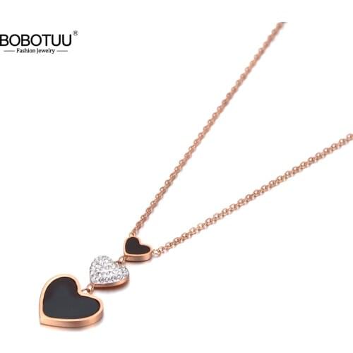 BOBOTUU 316L Stainless Steel CZ Crystal Heart Pendant Necklaces Black Acrylic Chain Link Choker Necklace For Women BN20066