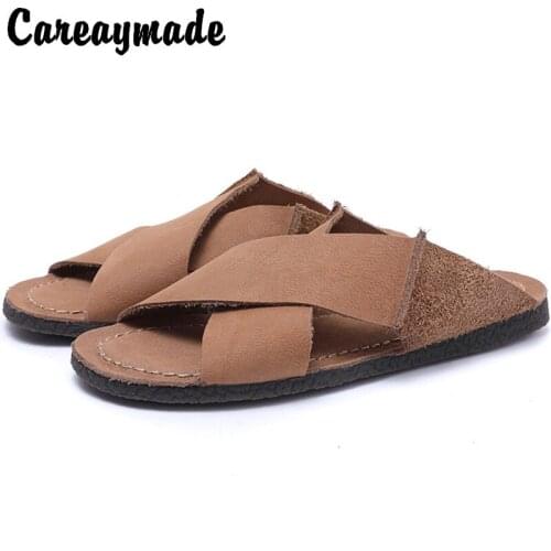 Careaymade-Summer Korean RETRO art genuine leather soft sole personality open toe soft leather with comfortable outside slippers