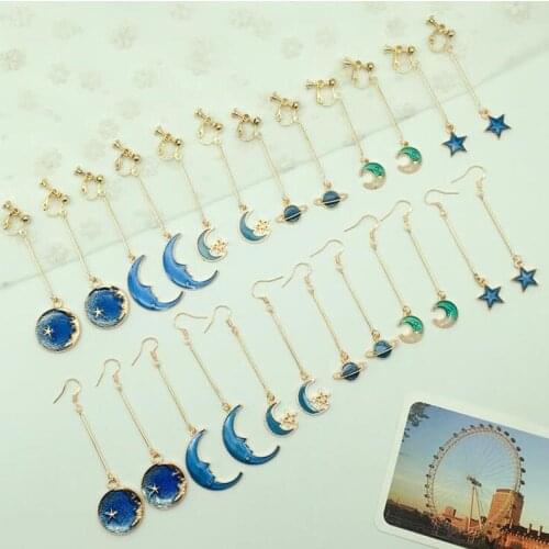 Long Style Gold Color Star Moon Planet Clip on Earrings for Women Luxury Fashion Ear Cuff Earrings Needn't Ear Hole Earrings