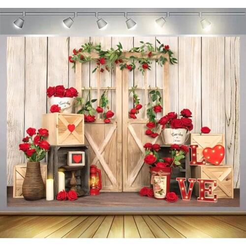 Wooden Door Red Rose Flowers Wedding Photography Backdrops Newborn Baby Shower 1st Birthday Portrait Photo Backgrounds