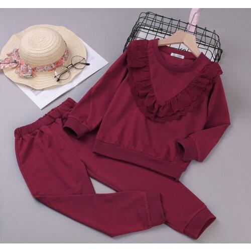 Menoea 3-7Y Kids Baby Girls Autumn Winter Clothes Sets Wine Red Long Sleeve Tops + Ruffles Decor Long Pants Outfit Tracksuit