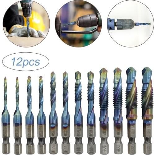 6/12PCS Composite Hex Shank Tap Drill Bits Set Quick Change Impact HSS Driver Bit Set for Metal Steel Wood Plastic M3-M10 1/4"