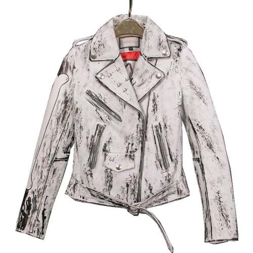 Newest Genuine Sheepskin Leather Suede Moto Biker Jacket Coats Spray Printing Women Slim Outerwear Coats Overcoat VF5001