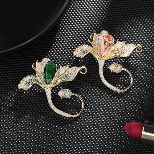 OKILY Beautifully Shiny Rhinestone Tulip Brooch for Women Costume Jewelry AAA Zircon Flower Pin and Brooches 2021 Trendy