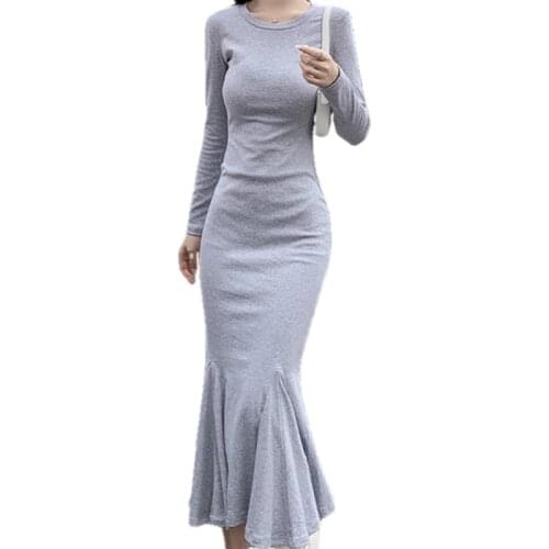 Autumn And Winter Slim Long Dress Female Sense Bag Hip Fishtail Dress Fashion Long Sleeve Dress