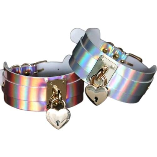 Kirykle Sexy Punk Gothic laser Pu Leather Necklace double padlock Heart key Collar Choker Necklace