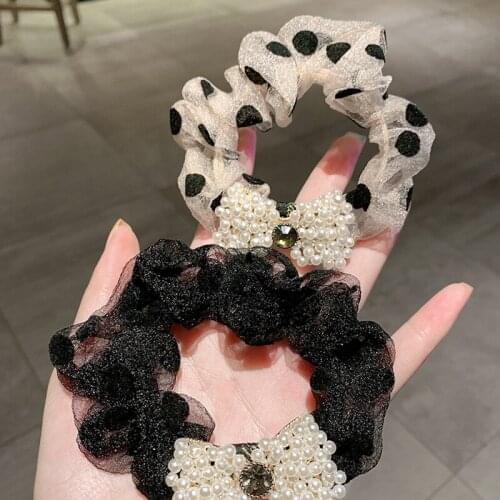 Women Girls Lace Imitation Pearls Nowknot Hair Ties Hair Ropes Rubber Band Elegant Bow knot Ribbon Fashion Ins Headwear