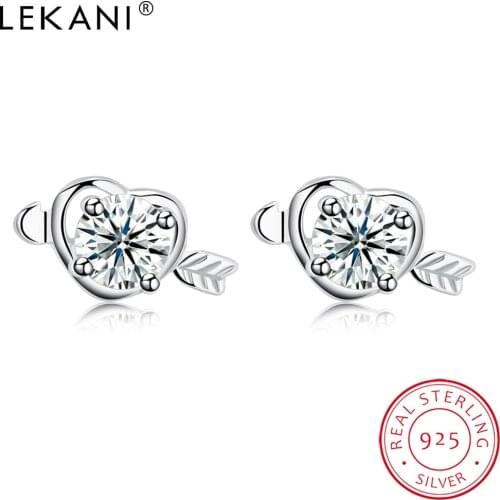 LEKANI Real Sterling Silver 925 Jewelry Heart Earrings Women Exquisite Cubic Zirconia Stud Earring Anniversary Romantic Gift