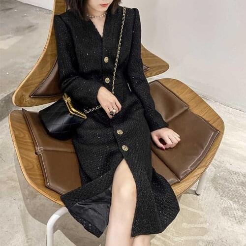 Vintage small fragrance tweed dress women v-nec slim single breasted a-line dress