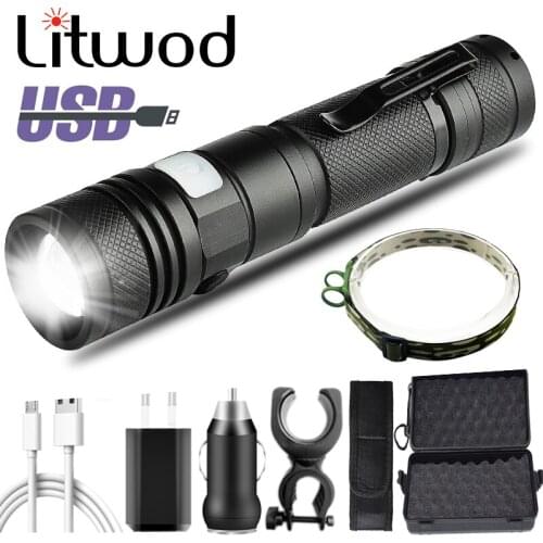 Waterproof 18650 Battery Black Litwod XM-L2 U3 Led Flashlight USB Rechargeable Torch Adjustable Zoomable Focus 3 Switch Modes