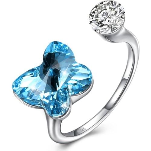 ZEMIOR Sterling Silver 925 Rings Adjustable Opening Romantic Butterfly Shape Austria Crystal Women Rings Anniversary Jewelry