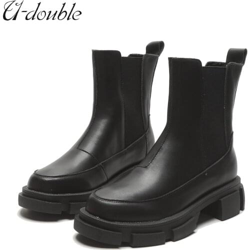 U-Double Ins Real Leather Women Ankle Boots 2022 Fashion Platform Autumn Winter High Heel Shoes Woman Short Boot Lady Footwear